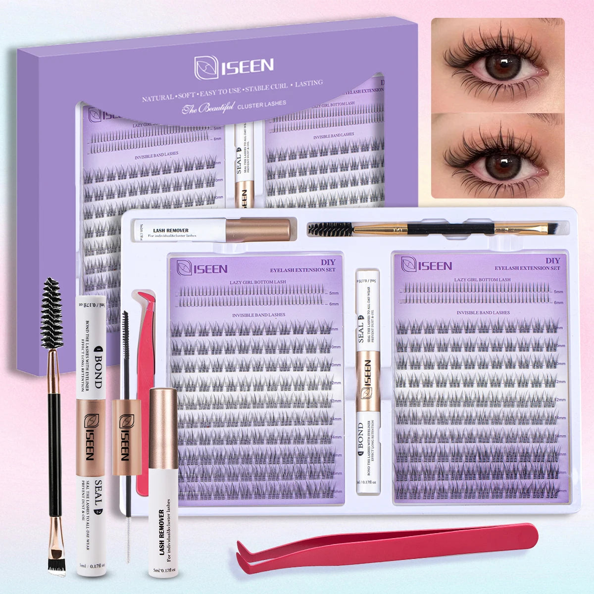 A kit for DIY soft volume eyelash cluster extensions featuring various lash bands and tools.
