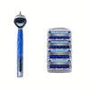 A close-up view of a blue and silver manual shaver with multiple shaving heads.