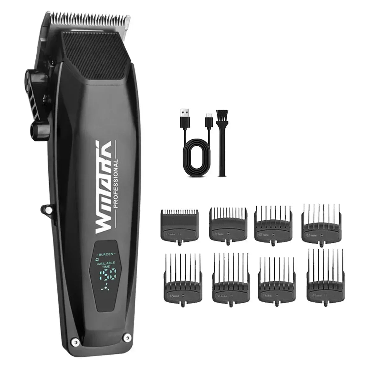 A black professional electric hair clipper with various attachments and a power cord.