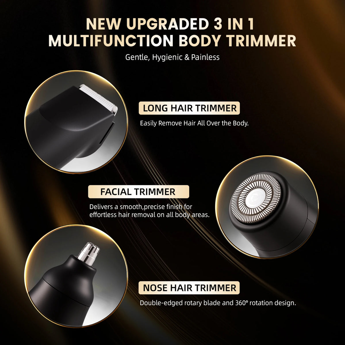 A black 3-in-1 multifunction body trimmer showing close-ups of long hair, facial, and nose trimming heads.