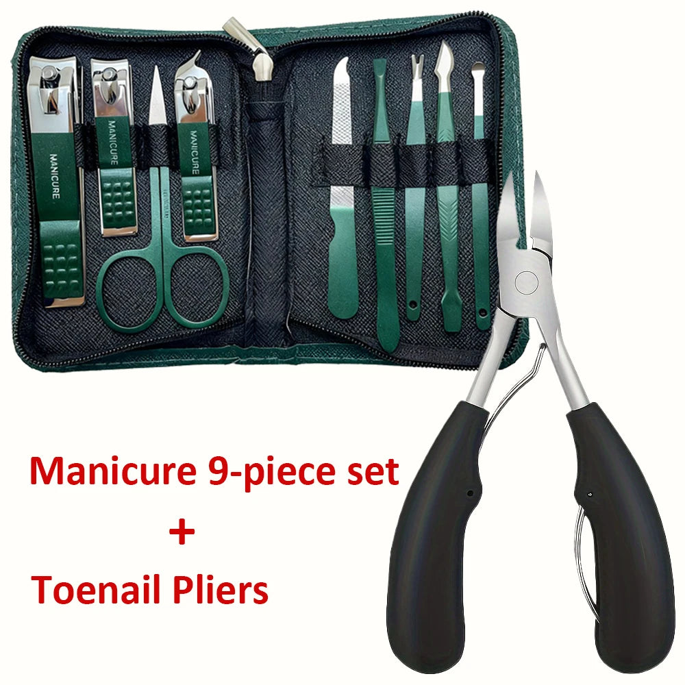 A green travel case holding a 9-piece manicure set and a pair of toenail pliers.