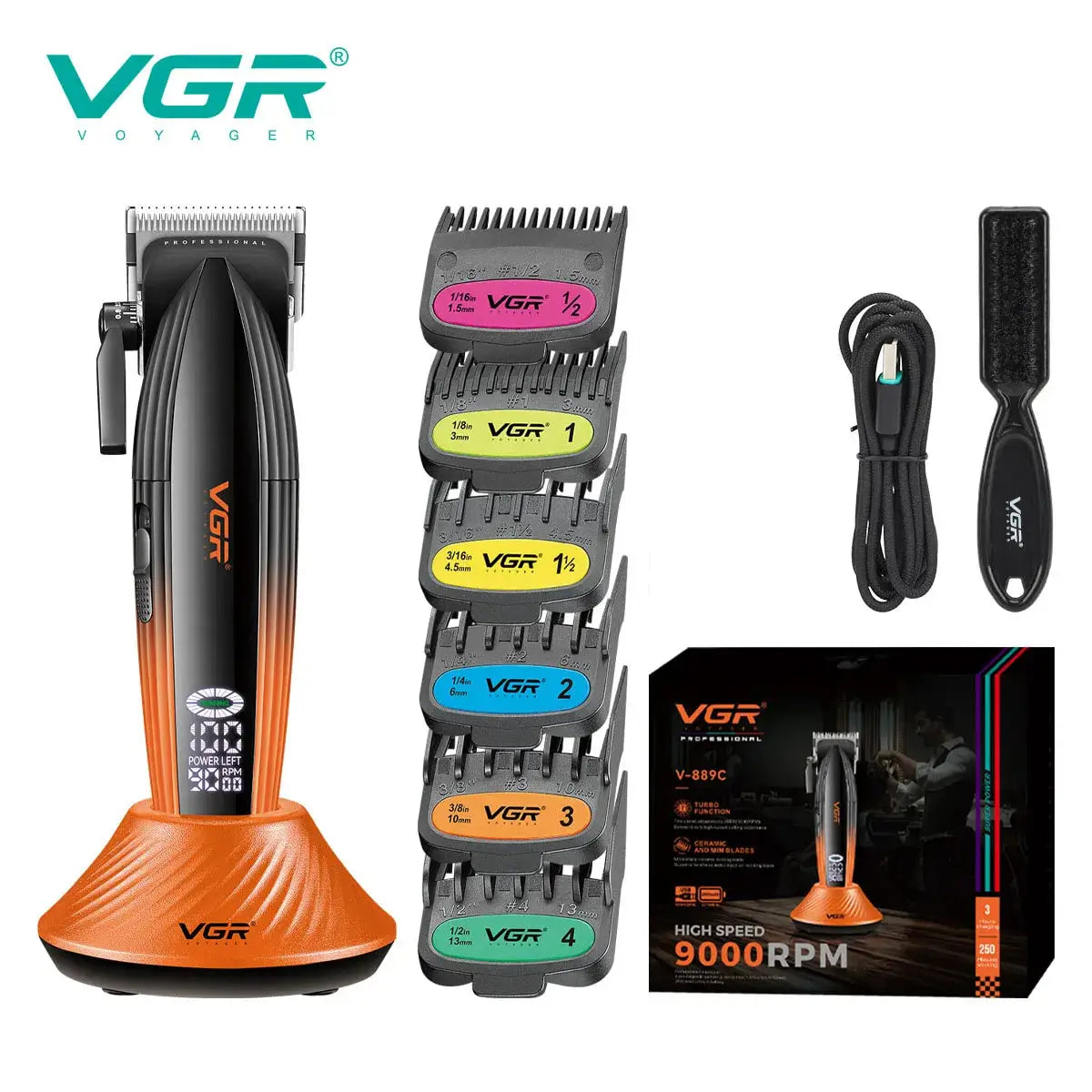 VGR professional cordless hair trimmer with multiple guard attachments and charging cable