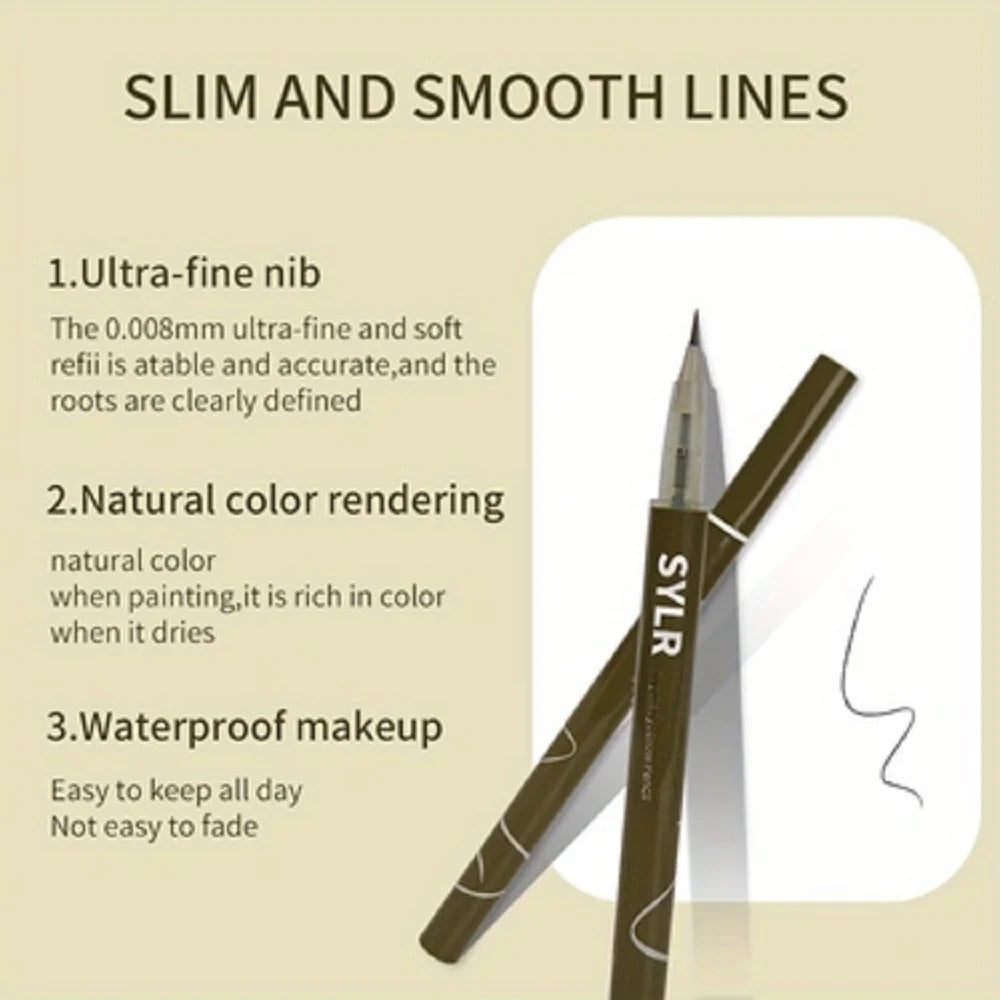 A close-up of an Syler ultra-fine liquid eyebrow pen showing natural color rendering and waterproof makeup application.