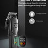 A black electric hair clipper with a smart display showing remaining power and reminders for charging and oil.