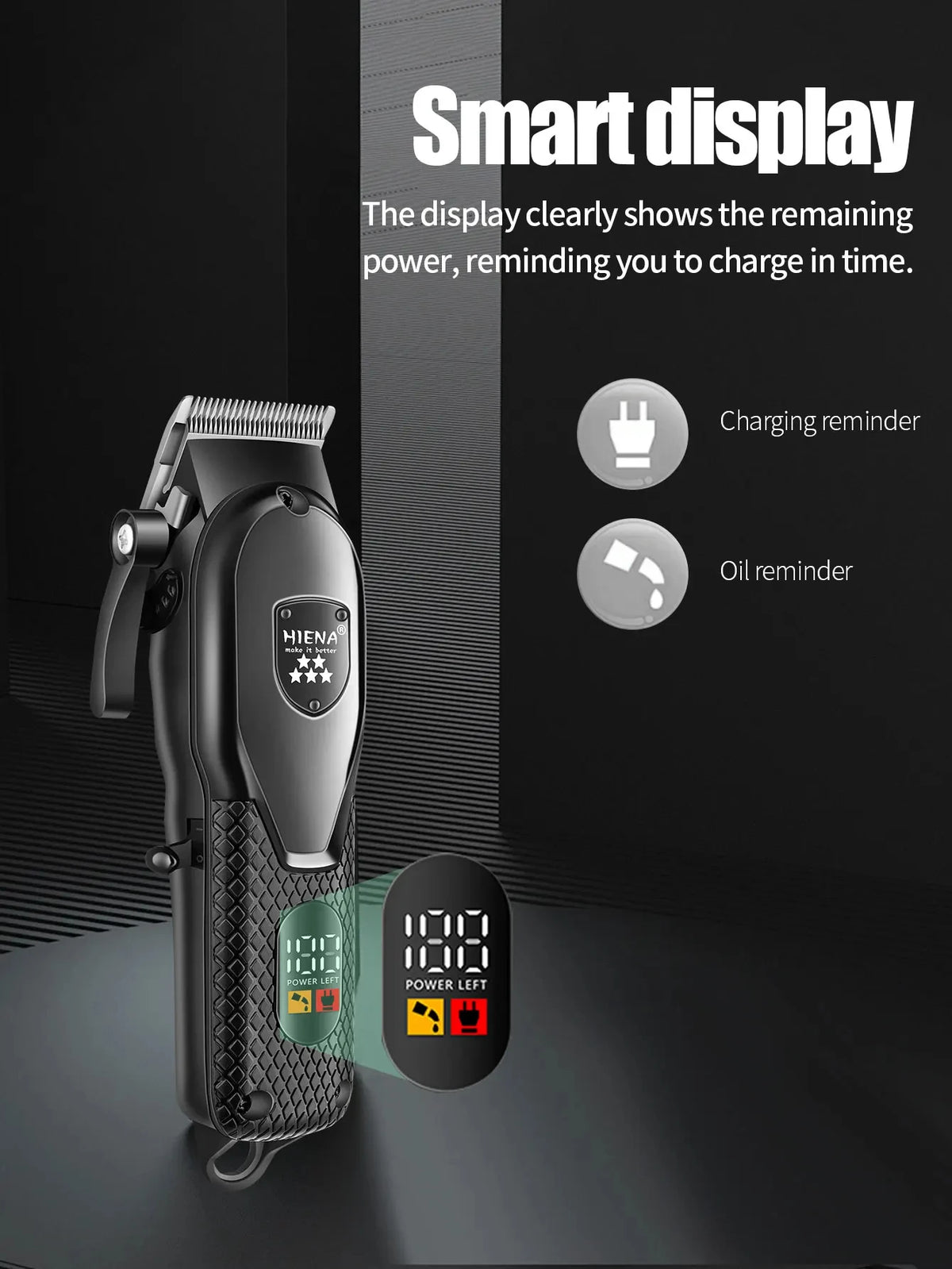 A black electric hair clipper with a smart display showing remaining power and reminders for charging and oil.