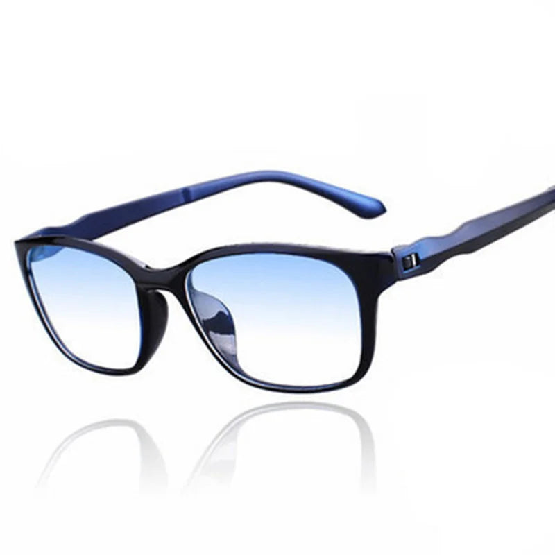 Blue anti-fatigue computer reading glasses with dark frames and clear lenses