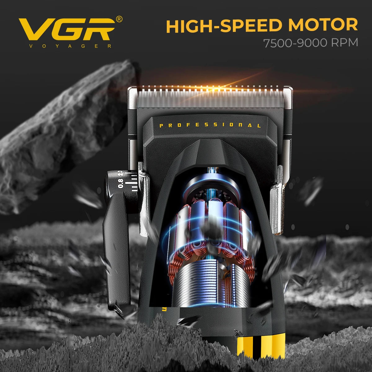 A professional high-speed motor electric hair clipper with a visible internal mechanism is shown against a dark background.