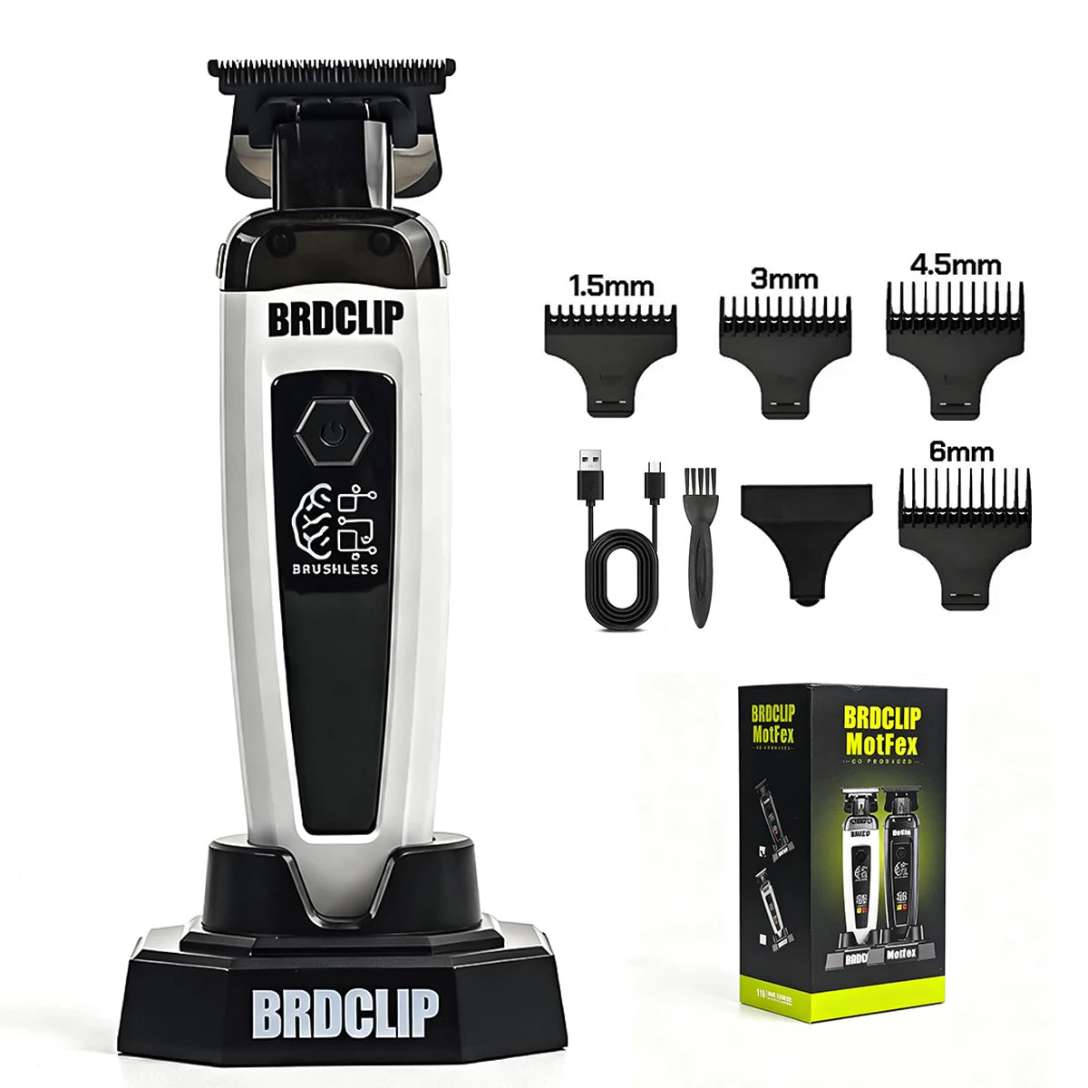 A white and black cordless electric hair clipper with various attachments shown next to its packaging.