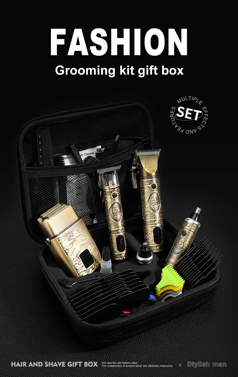 A black grooming kit gift box containing various electric hair and shave tools like trimmers and clippers.