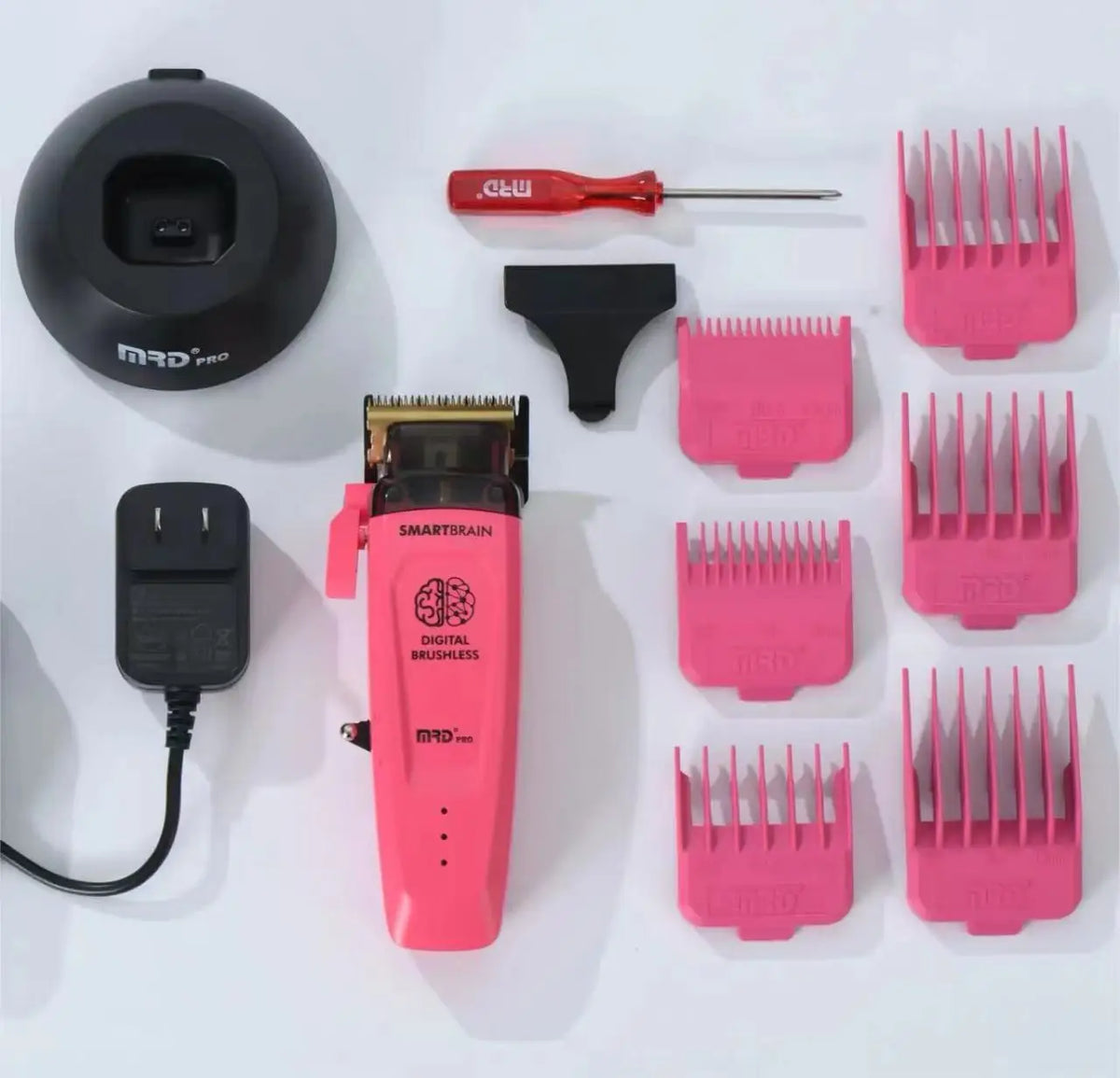 A pink electric hair trimmer with various attachments and a black charging cable is shown on a white background.