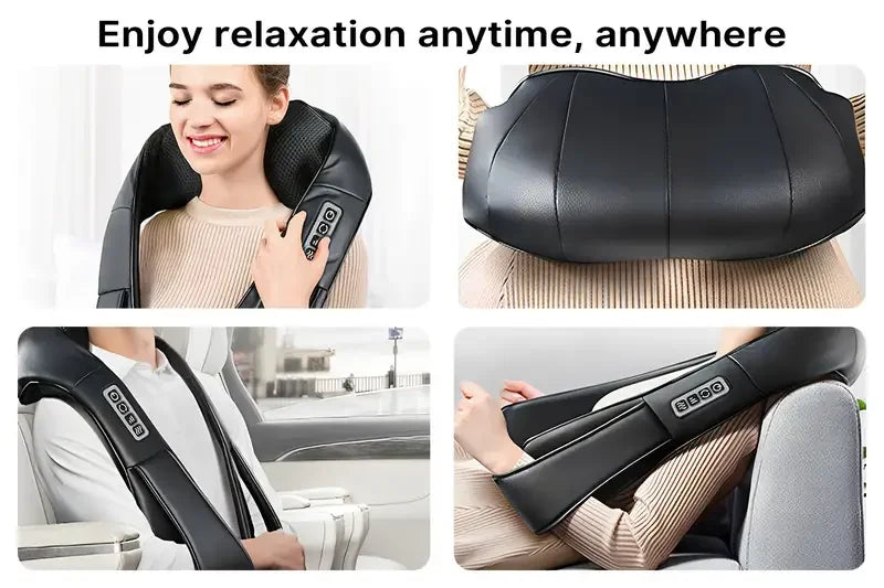 Black U-shape shiatsu massager with heat used for relaxing the neck, back, and shoulders.