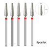 A set of five silver diamond nail drill bits with 13mm length and 5mm diameter shown for professional manicures.