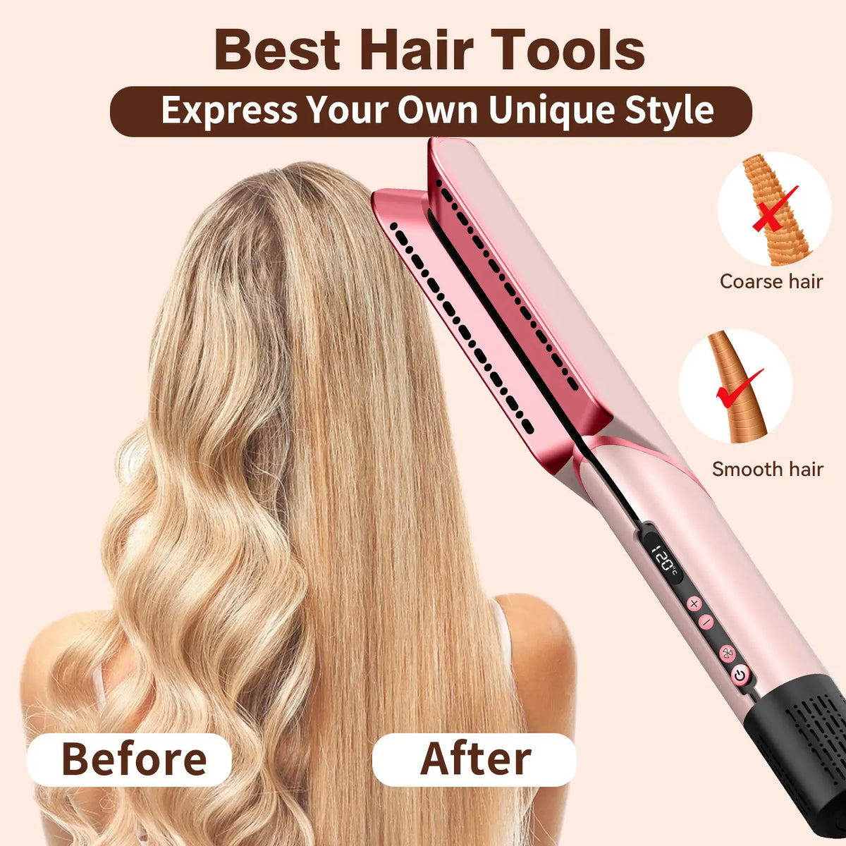 Plancha y secador de pelo rosa 2 en 1 que demuestra la diferencia entre peinado de cabello grueso y suave.