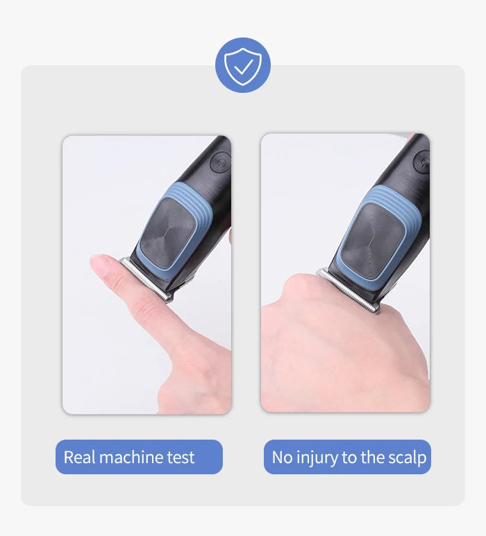 A hand is holding a professional rechargeable electric hair clipper, demonstrating its use and safety.