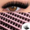 Close-up of natural look eyelash clusters showing various lash styles and colors on a pink background.