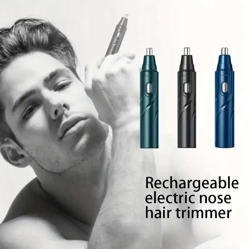A man is shown using a rechargeable electric nose hair trimmer with multiple attachments.