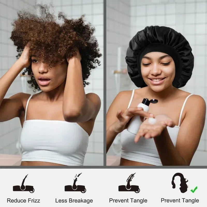 A woman wearing a black heatless curling rod headband and satin bonnet, demonstrating its use for frizz reduction and tangle 