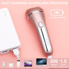 A pink lithium battery electric hair and body groomer with a charging cable and accessories.