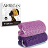 Two purple and violet African net exfoliating loofah sponges are shown next to the packaging.
