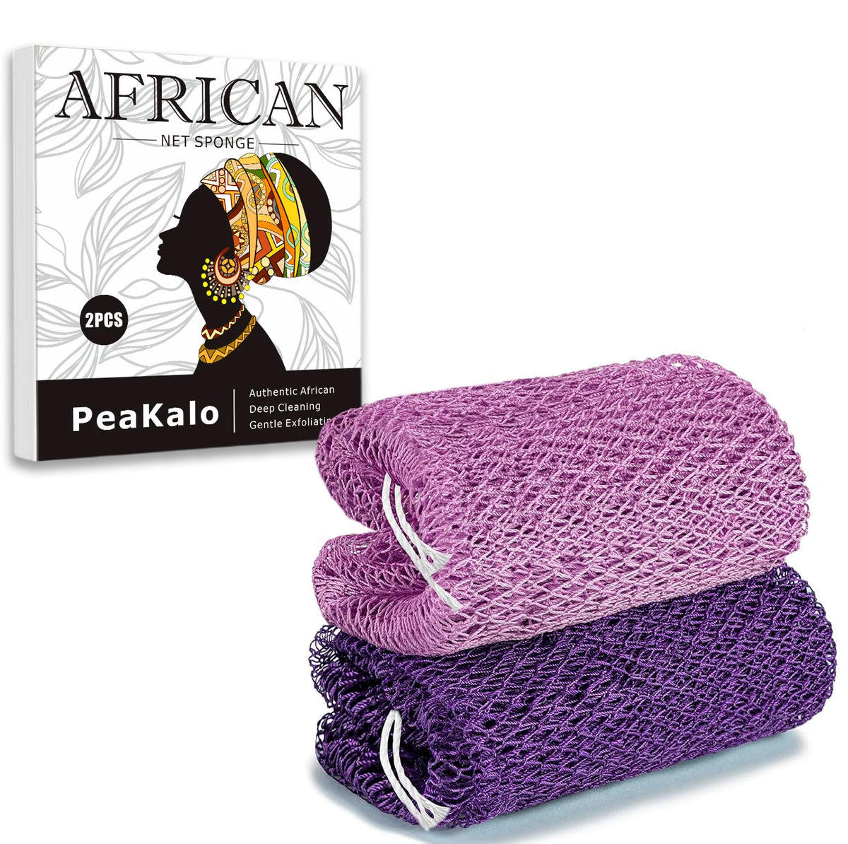 Two purple and violet African net exfoliating loofah sponges are shown next to the packaging.