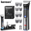 A black Kensen 6-in-1 electric hair trimmer set with multiple guard attachments displayed on a stand.
