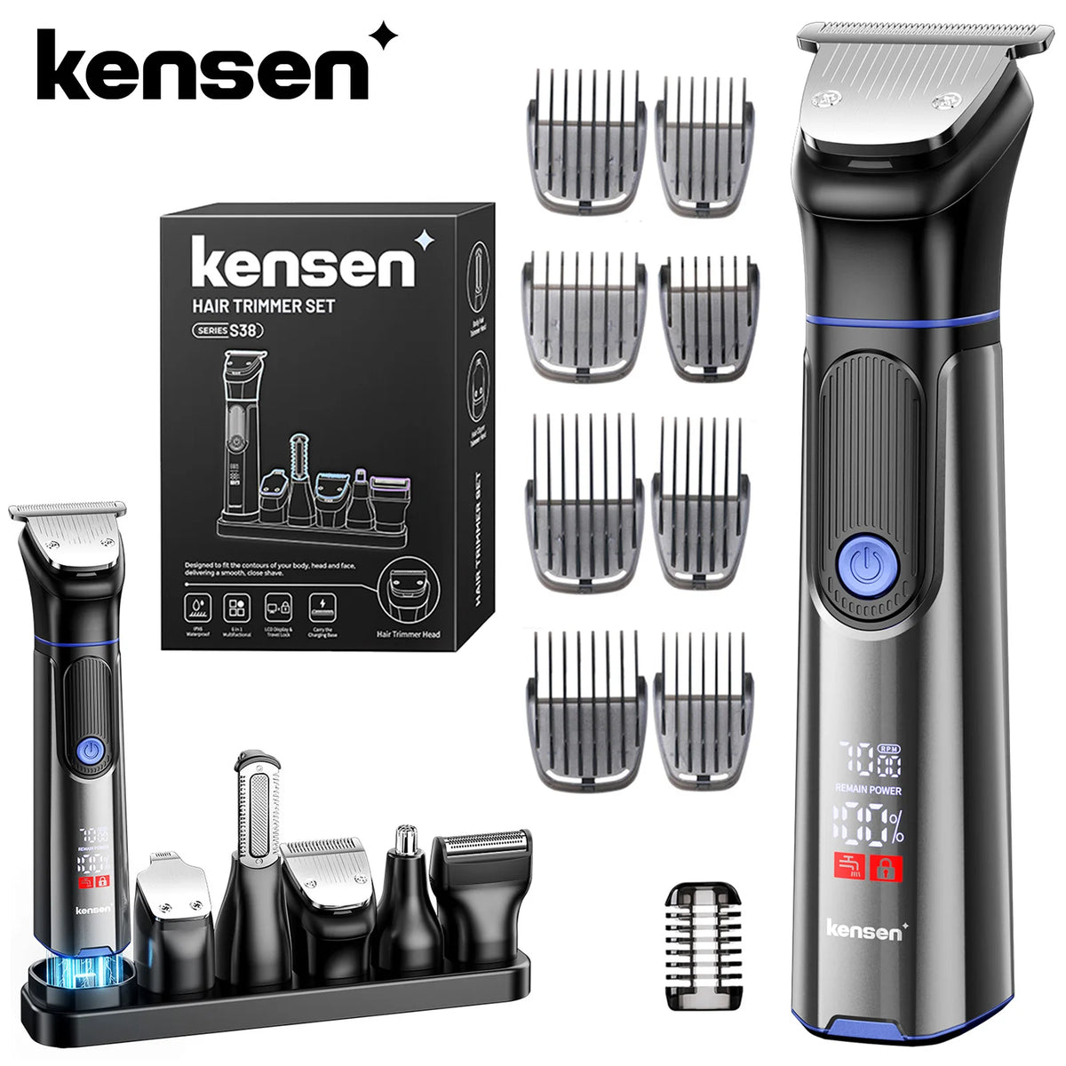 A black Kensen 6-in-1 electric hair trimmer set with multiple guard attachments displayed on a stand.