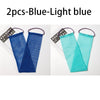 Two blue-light blue exfoliating body scrub sponges with purple loops.
