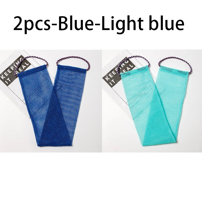 Two blue-light blue exfoliating body scrub sponges with purple loops.