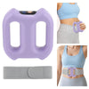 A purple body massage ring and a gray strap are shown with a woman wearing a blue sports top.