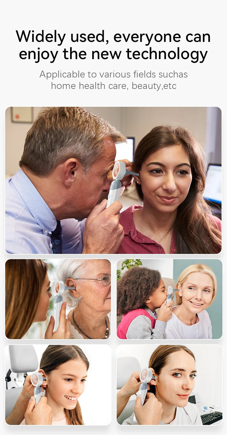 Various people using a portable inspection camera for health, beauty, and pet care applications.