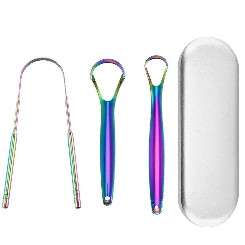 A set of reusable stainless steel tongue scrapers in various colors and a white storage case.