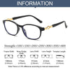 A pair of black progressive multifocal reading glasses with gold accents shown against a white background.
