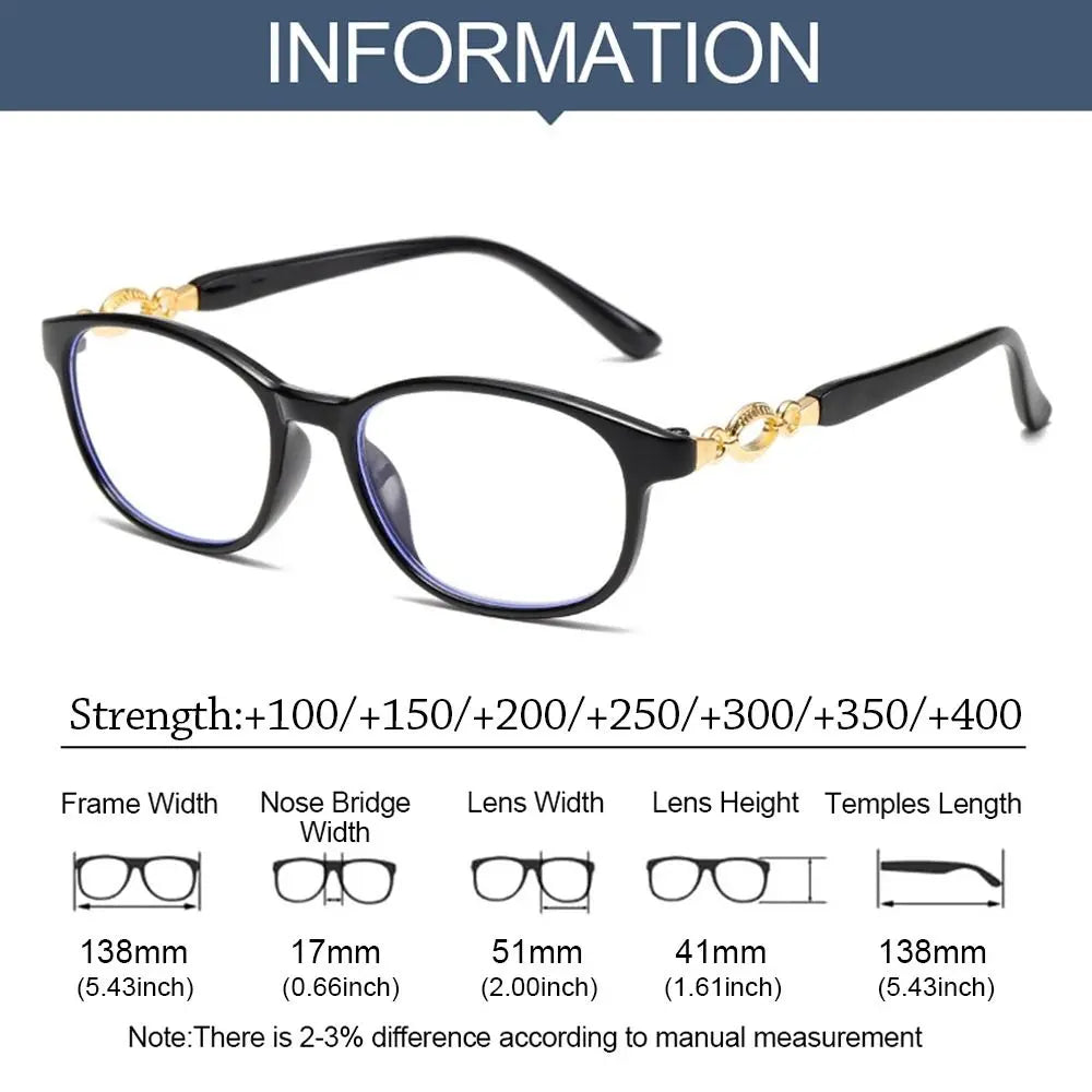 A pair of black progressive multifocal reading glasses with gold accents shown against a white background.