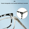 A close-up view of a clear eyewear frame with decorative black and white patterns, showing its flexible design.