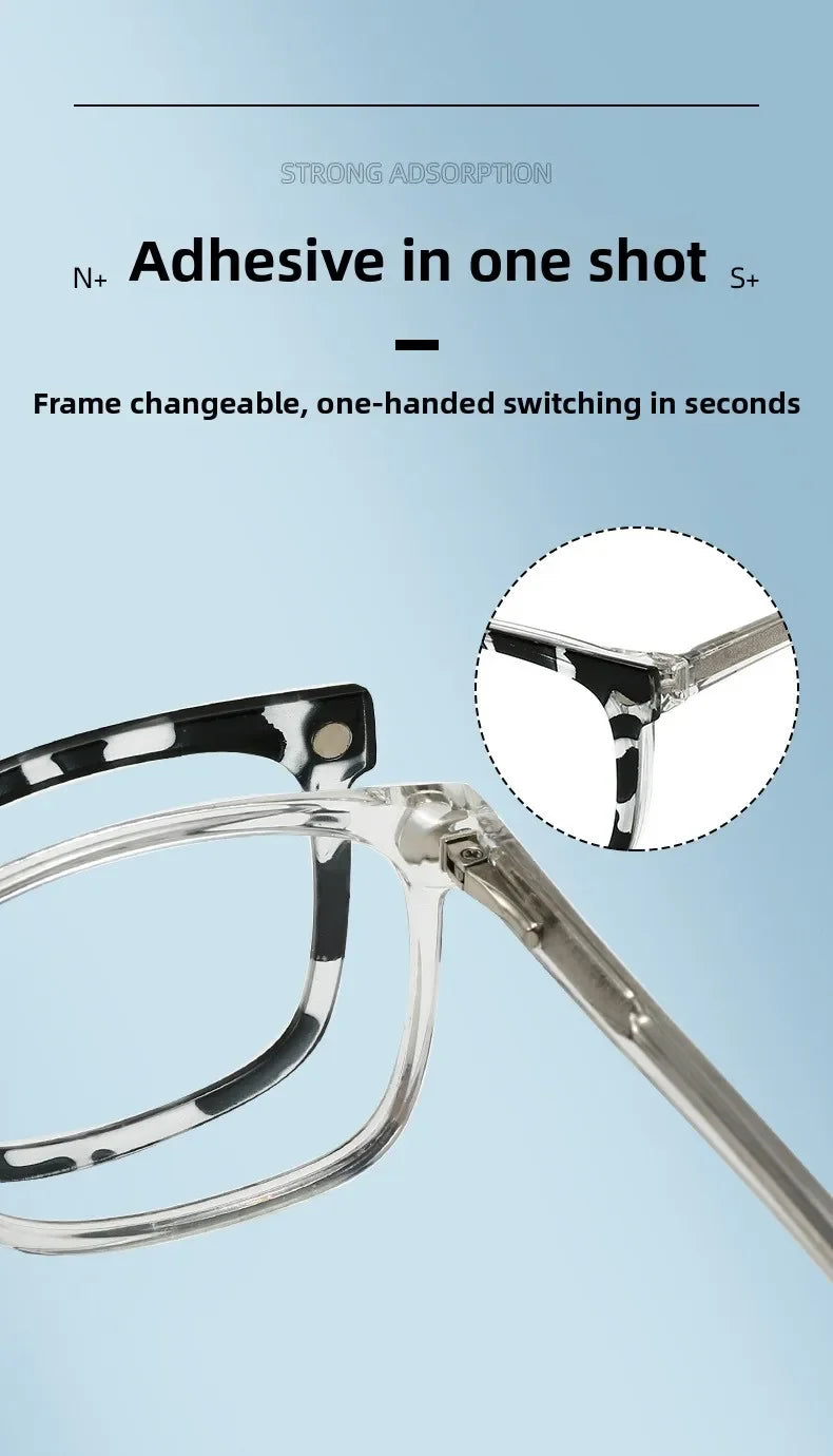 A close-up view of a clear eyewear frame with decorative black and white patterns, showing its flexible design.