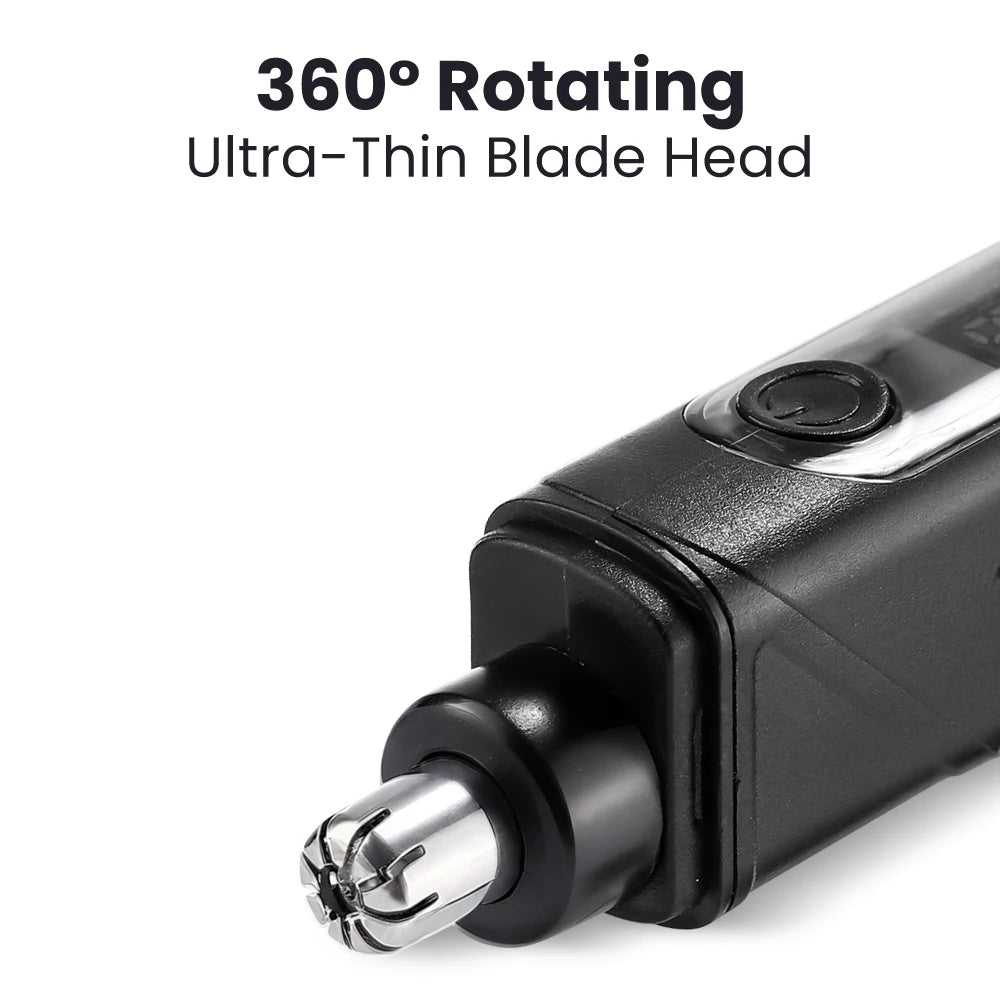 Close-up of a black portable electric nose and ear hair trimmer with a rotating blade head.
