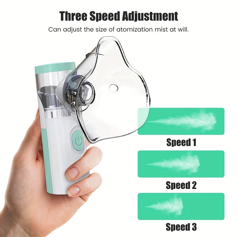 A hand holds a clear and white three-speed medical nebulizer device with an attached mist output.