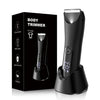 A black precision electric body and hair trimmer is shown next to its packaging box.