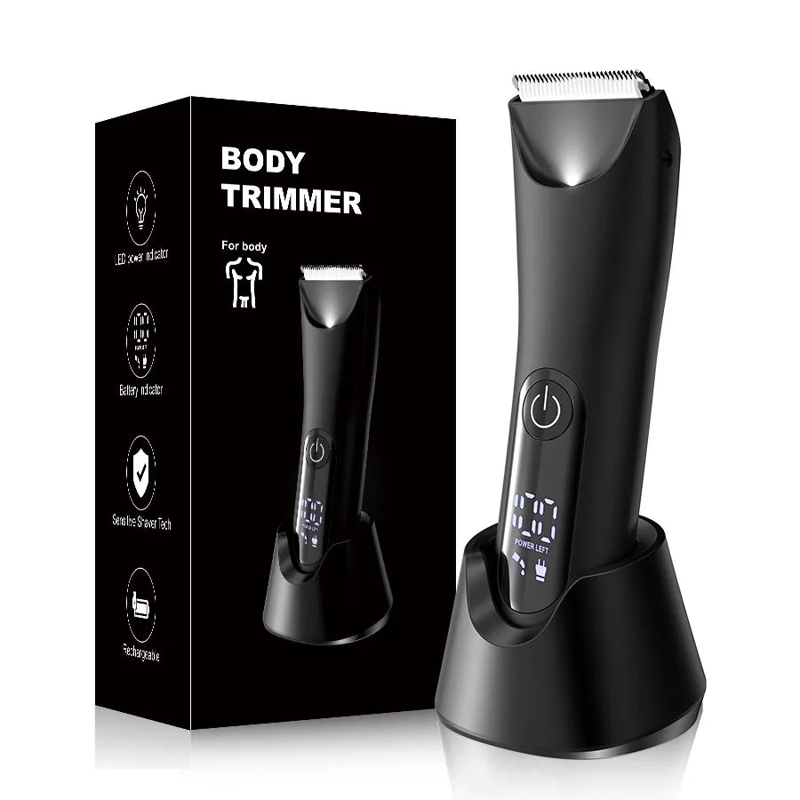 A black precision electric body and hair trimmer is shown next to its packaging box.