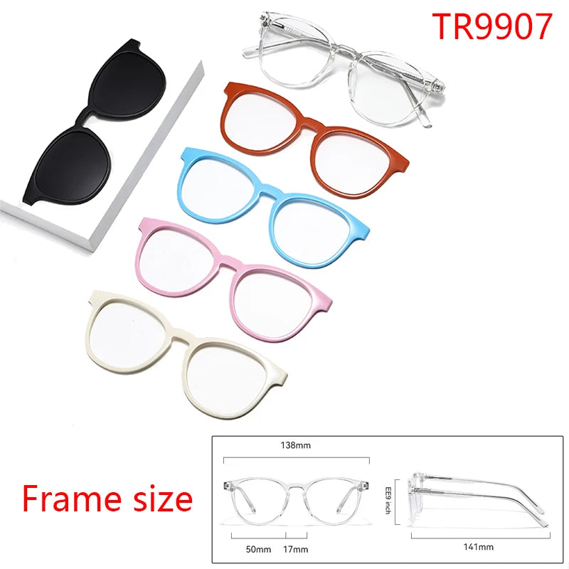 A collection of various colored and style eyeglasses frames, including round, rectangular, and aviator shapes.