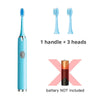 A light blue sonic electric toothbrush with one handle and three interchangeable brush heads shown next to a battery note.