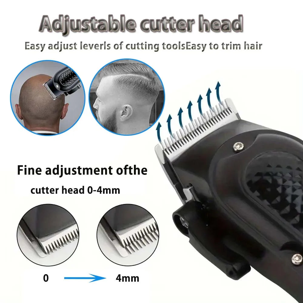 Close-up of an adjustable cutter head on a black cordless hair clipper showing fine adjustment levels from 0 to 4mm
