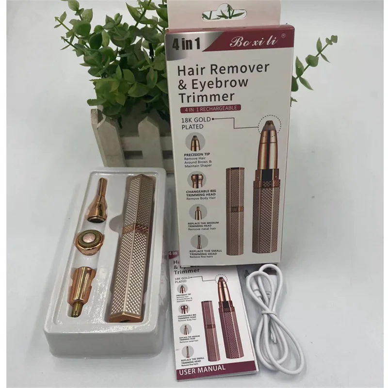A box and components for a 4-in-1 Hair Remover & Eyebrow Trimmer device.
