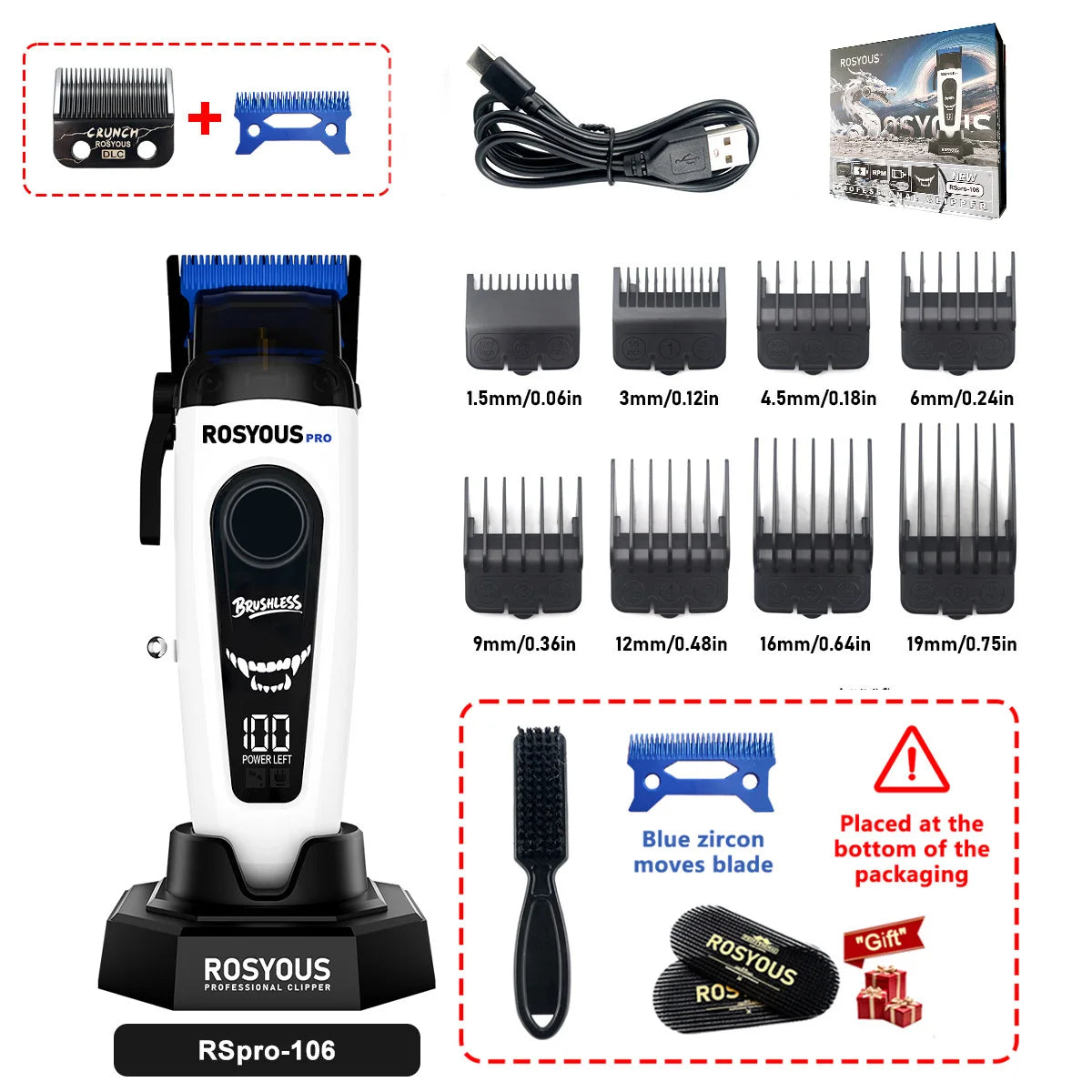 Rosyous Pro professional electric hair clipper with various attachments and accessories