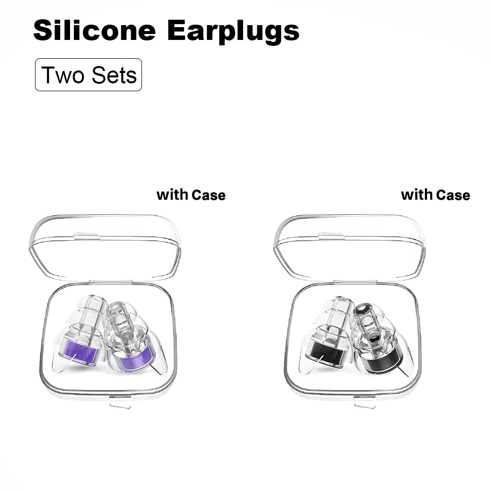 Two sets of silicone earplugs with storage cases shown side by side.