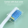 A clear plastic dust cover protects a pack of blue and yellow soft bristled toothbrushes.