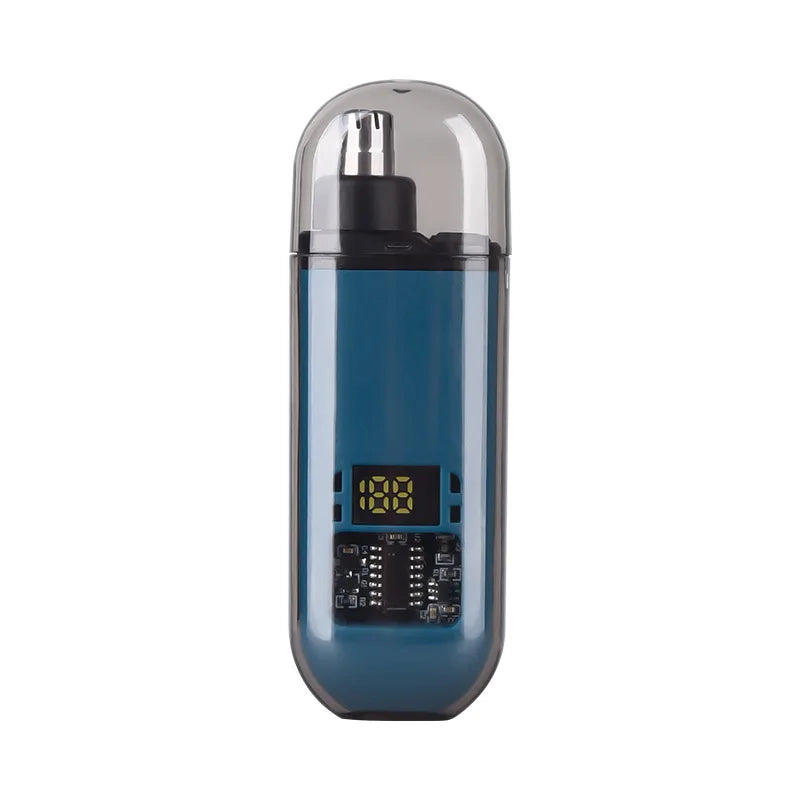 A professional USB nose hair trimmer with a clear dome and a blue body.