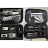 A black portable case containing hair clippers, trimmers, and related accessories.