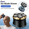 A black six-blade shaver is shown being used on a man's head, with water splashing around the device.