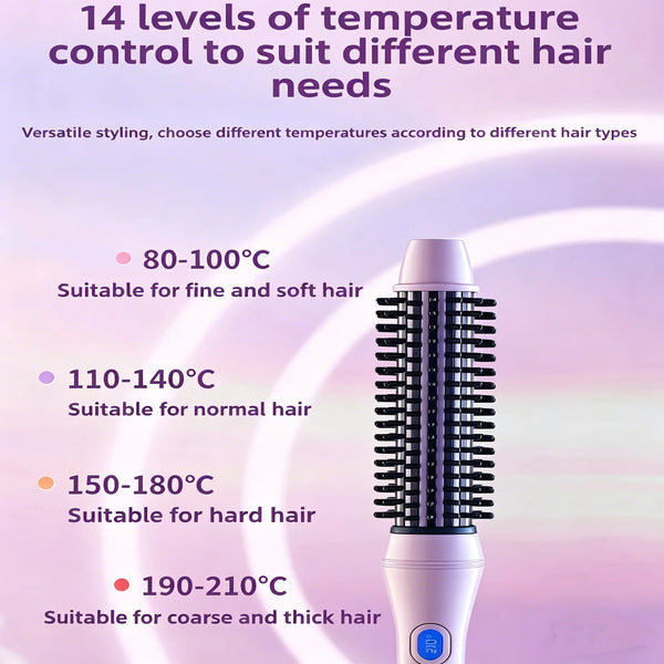 Primer plano de un cepillo térmico blanco con cerdas negras, mostrando diferentes ajustes de temperatura para el cabello